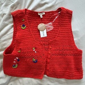 EARTHBOUND Red Crocheted Top with Embroidery